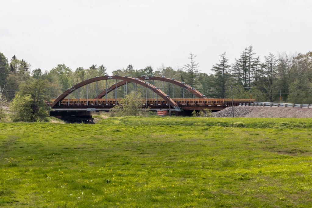 Roger Bacon Bridge spanning the river after completion, Nappan, Nova Scotia