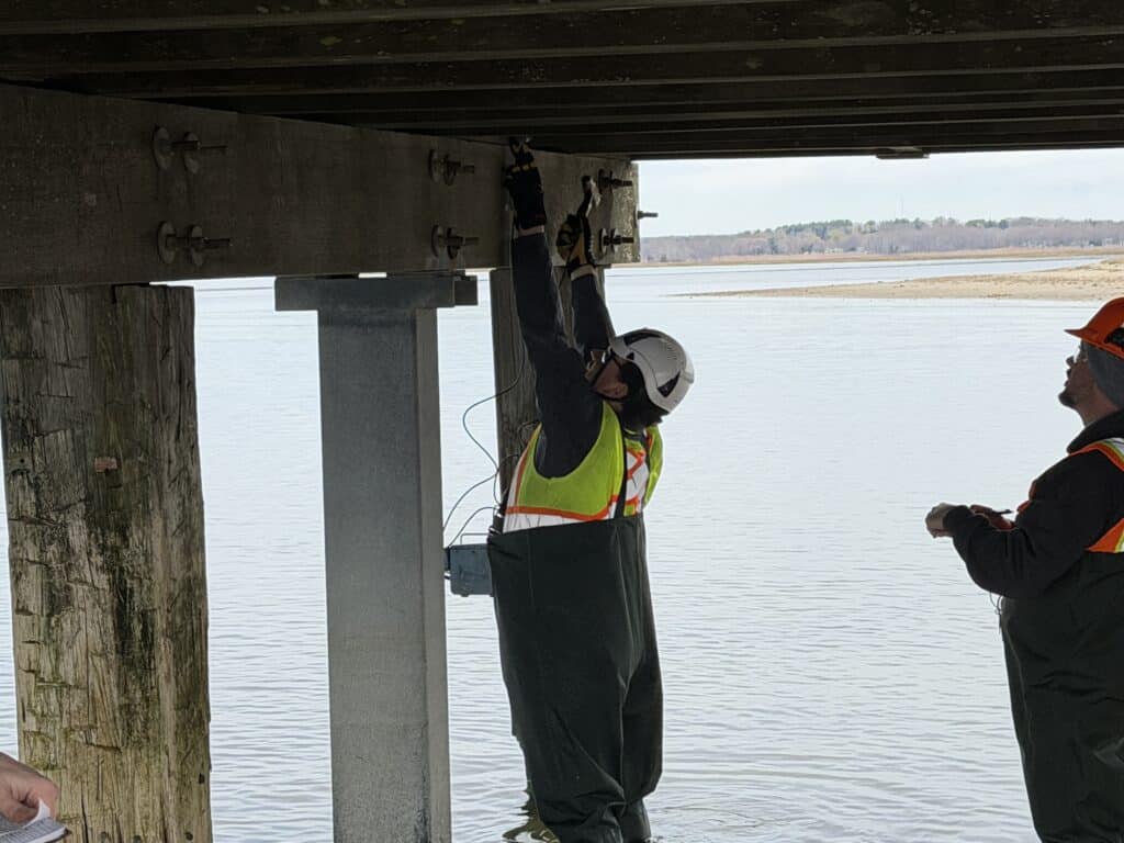 Technician using stress-wave timing equipment to test a timber member