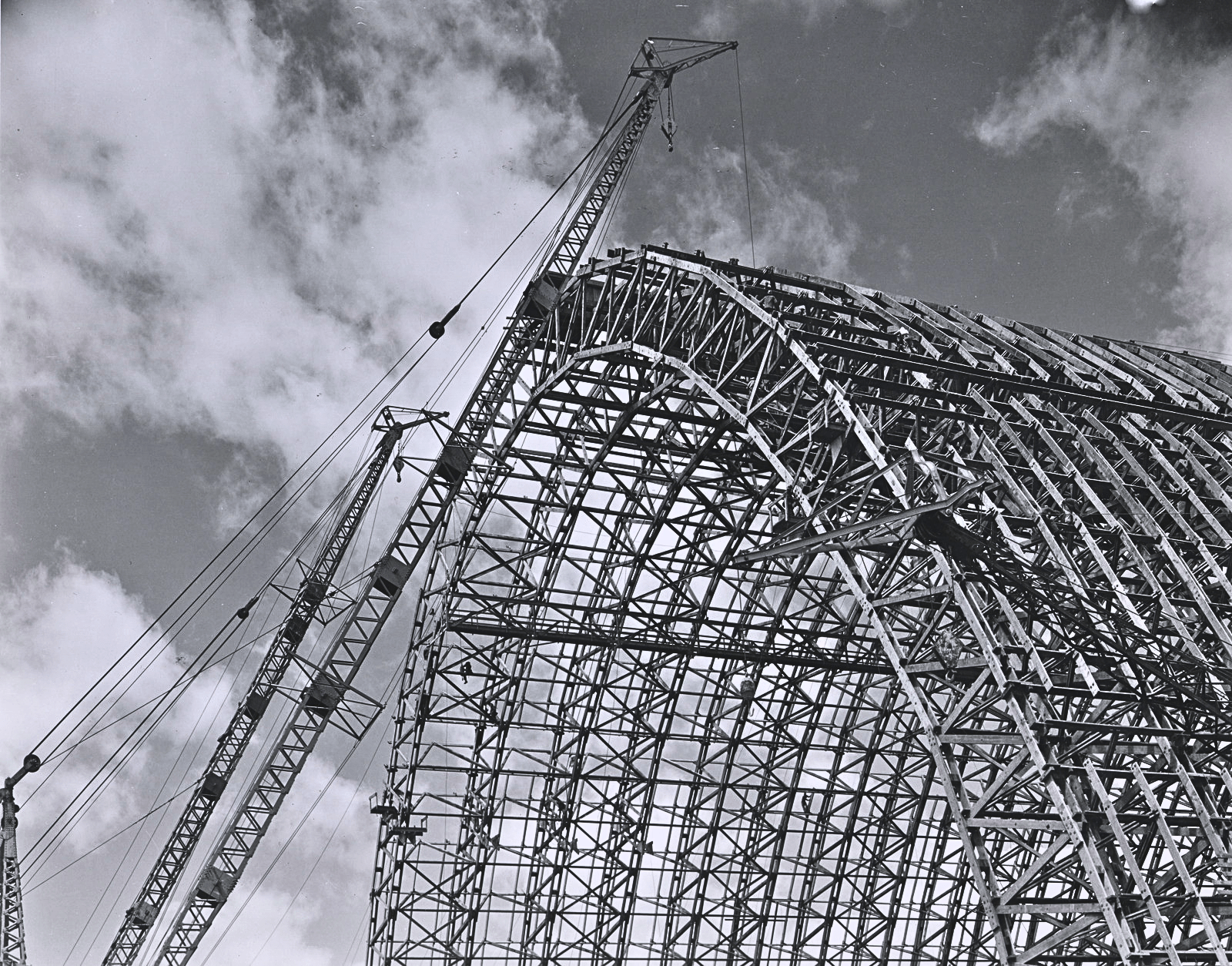 Tillamook Air Museum Hangar B during construction phase circa 1942. Timber construction, timber engineering and modern engineering practices all at work.