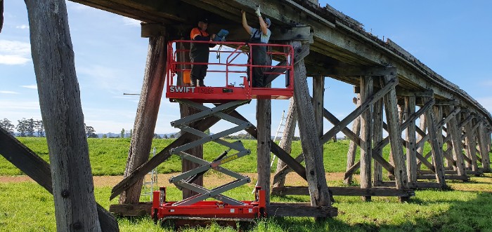 Snowy River Rail Trestle Bridge being inspected by Wood Research and Development crew in Australia