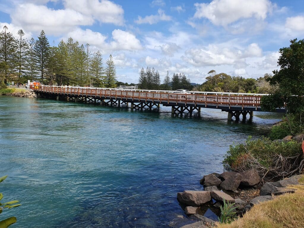 Restored seven-span South Arm timber bridge, Byron Shire, New South Wales