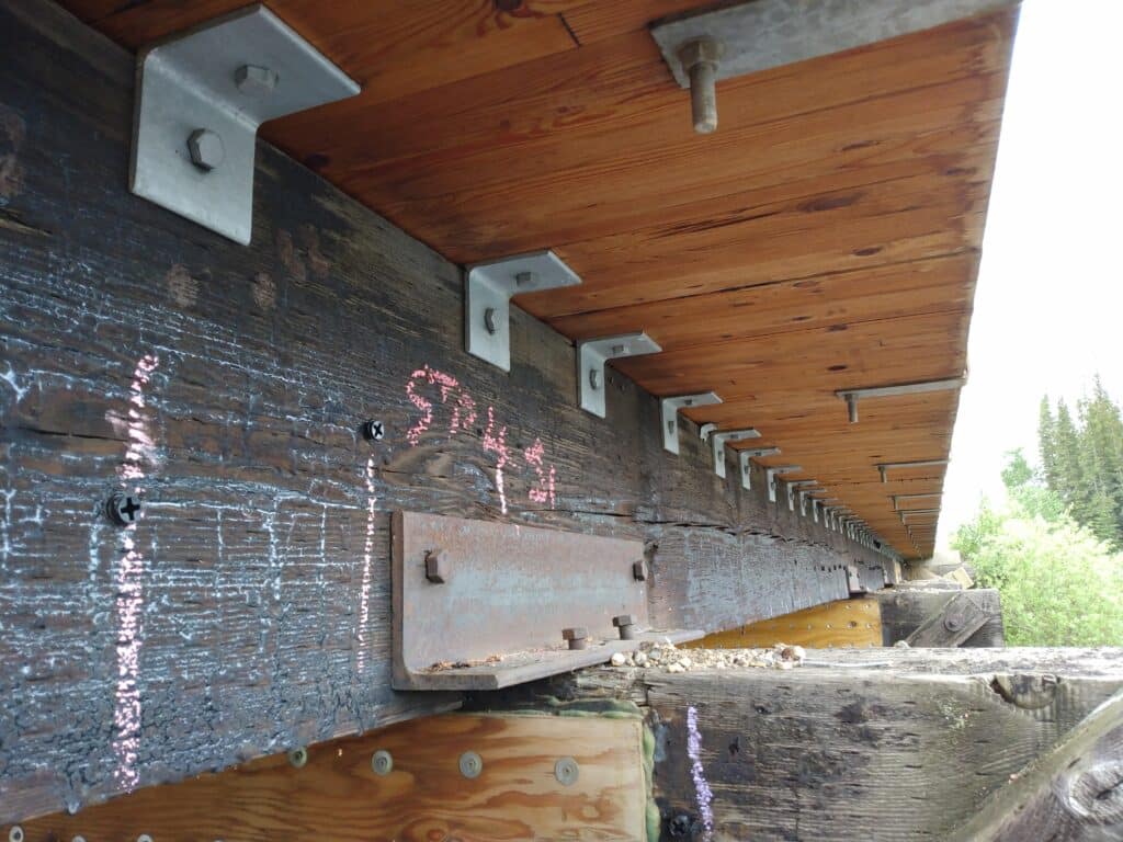 A reinforced span of the Meadow Lake timber trestle